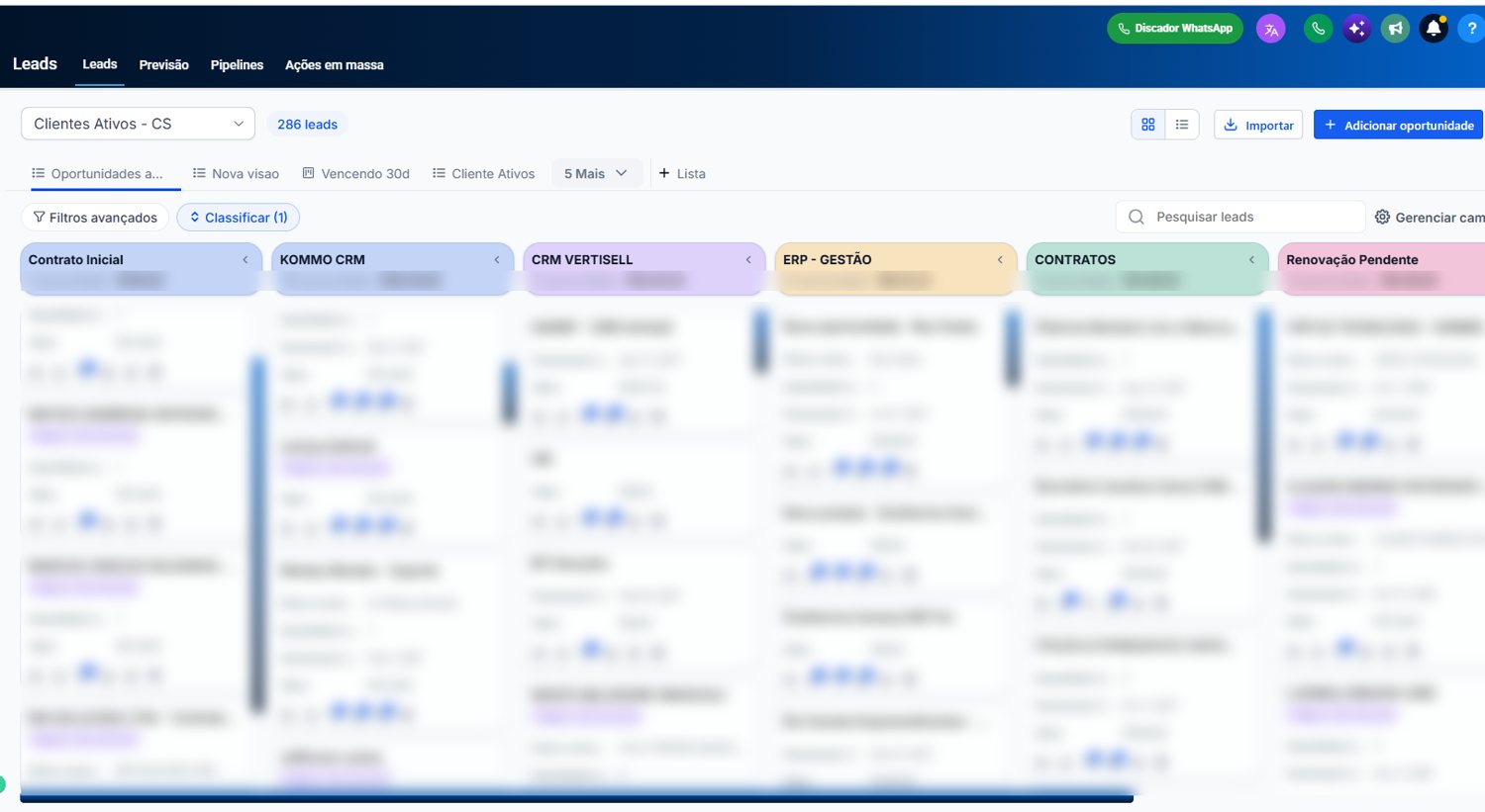 Tela do pipeline de vendas em quadro do CRM Vertisell