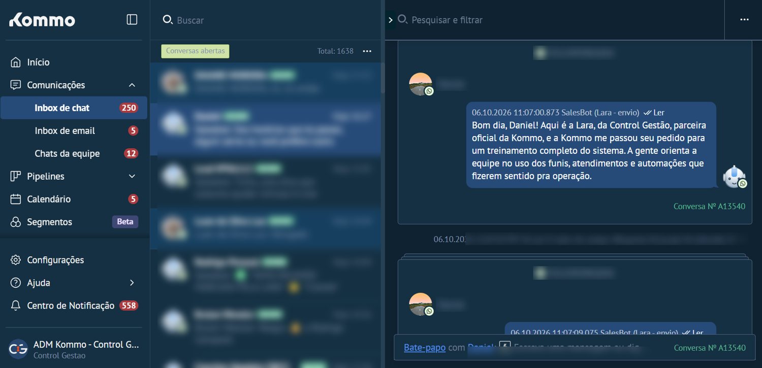 Tela da caixa de entrada do Kommo com mensagem do Salesbot da Control Gestão